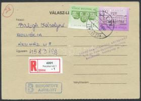 1999 Biztosított ajánlott válasz levelezőlap rajta 30.000Ft értékű illetékbélyeg