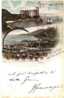 1897 Trieste, Miramare, S. Bartolo Presso, Barcola / castle, port, sailboats, railway viaduct, locomotive, Louis Glaser litho (EK)