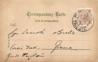 1897 Trieste, Miramare, S. Bartolo Presso, Barcola / castle, port, sailboats, railway viaduct, locom...