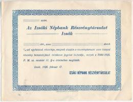 Izsák 1926. "Izsáki Népbank Részvénytársulat" egyhuszad részvénye, kitöltetlen T:III