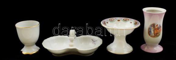 4 db kis porcelán tároló: gyertyatartó, só-bors tartó, tojástartó, stb., matricásak, jelzettek (Drasche, Epiag, stb.), kis kopásnyomokkal, különböző méretben
