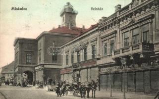 Miskolc, Színház, Lövy József fia könyvkereskedése, Weisz Nathán és Társa, Kerekes Miklós, Szabó üzletei, gyógyszertár (EK)