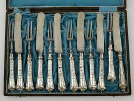 Ezüst(Ag) 12 db-os evőeszközkészlet, 6 db villa + 6 db kés, jelzett, bruttó: 783 g