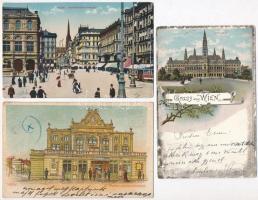 Vienna, Wien - 3 db RÉGI városképes lap, köztük 2 litho / 3 pre-1945 town-view postcards, among them 2 lithos; Rathaus, Prater Jantsch theater