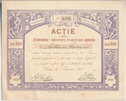 Románia / Goruia 1929. Goruia Vidék Economia Részvénytársaság részvénye 250L-ről, szelvényekkel T:II-,III Romania / Goruia 1929. Goruia Region Economia Company share about 250 Lei, with coupons C:VF,F