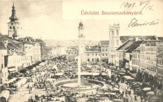 Besztercebánya, Banska Bystrica; Fő tér, piac, szökőkút / main square, market, fountain (EK)
