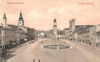 Besztercebánya, Banska Bystrica; Iv. Béla király tér, gyógyszertár, üzletek, Machold F. kiadása / square, pharmacy, shops (EK)