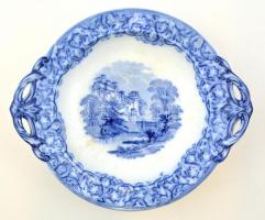 Máz alatt festett kobaltkék látképes gyümölcsös tál, jelzett, máz alatti repedésekkel, d: 31 cm