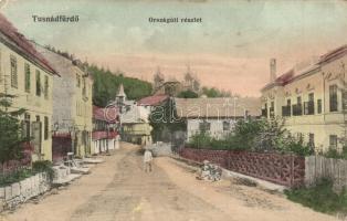 Tusnádfürdő, Baile Tusnad; Országúti részlet, üzlet, Szálloda a Három Huszárhoz. Brunner Lajos kiadása / street view, hotel, shop (EK)