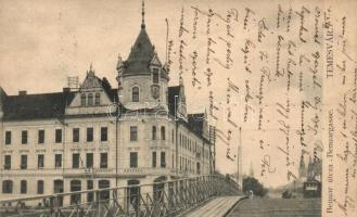 Temesvár, Timisoara; Benuar utca, Arany Horgony palota és kávéház, villamos, Moravetz és Weisz kiadása / street, palace, café, tram (EK)