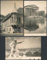 Budapest: Szépművészeti Múzeum, Julianus barát szobra, Fő utca, 3 db zsűrizett képeslap-tervezet, hátulján feliratozva, pecséttel jelzett, 9×13,5 cm