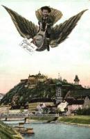Graz, Gruss aus...Jos. Sobel. Kunstverlag Frank Nr. 675/1. / Greeting card with flying boy on bird, shop of Jos. Sobel