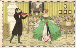 Lady dancing to the violinists music, couple, art postcard, B. K. W. I. 670-5 s: Mitzi Marbach (EK)