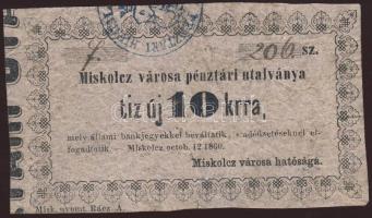 Miskolc 1860. 10kr szürke papíron variáns, vastagon szedett + "kövér 10"-es T:II