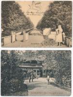 Buziásfürdő, Buzias - 2 db RÉGI képeslap, Szent Antal fürdő és uszoda, hölgy babakocsival / 2 pre-1945 postcards, spa, lady with baby carriage