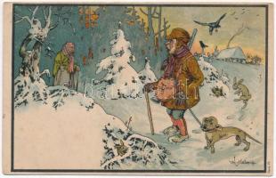 5 db RÉGI vadász motívumú képeslap, vegyes minőség / 5 pre-1945 hunting art postcards, mixed quality