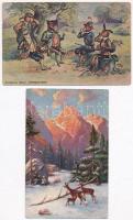4 db RÉGI vadász motívumú képeslap, vegyes minőség / 4 pre-1945 hunting art postcards, mixed quality