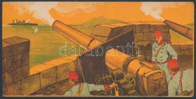 cca 1910 'Török tüzérség munkában' Késmárky és Illés Árkád Játékáruház, Bőr- és díszműáruüzlet, militária témájú litho számolócédula, 7x14 cm