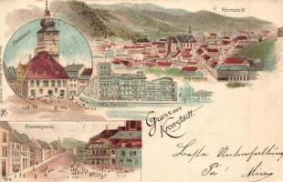 1899 Brassó, Kronstadt, Brasov; Rathaus, Klostergasse, Villa Kertsch / városháza, Templom utca, villa, látkép / town hall, street, villa, general view, Wilh. Hiemesch Art Nouveau litho (EK)