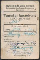 1945 Magyar Artisták Szabad Szervezete, fényképes igazolvány, kissé viseltes állapotban.