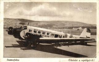 Szamosfalva, Someseni (Kolozsvár, Cluj); repülőtér, Magyar Légiforgalmi Rt. Szentkirályi Dezső (HA-JUE) repülőgépe / airport, aircraft (szakadás / tear)