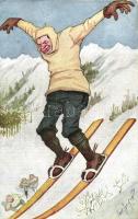 Skiing, humorous postcard, B.K.W.I. 412-2. s: Carl Josef (r)