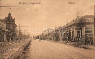 Budapest XIX. Kispest, Üllői út, villamos sín, Fischhof Henrik könyvnyomdája és saját kiadású képeslapja