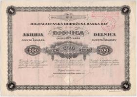 Jugoszlávia / Zágráb 1928. Jugoszláv Egyesült Bank részvénye 200D-ról, szárazpecséttel, felülbélyegzéssel és szelvényekkel (2x) T:III,III- Yugoslavia / Zagreb 1928. Jugoslav Union Bank Ltd. share about 200 Dinara, with embossed stamp, overprint and coupons (2x) C:F,VG