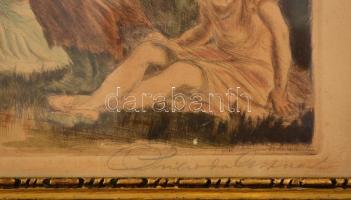 Prihoda István (1891-1956): Erdei mulatság. Színezett rézkarc, papír, üvegezett keretben, 25x31 cm