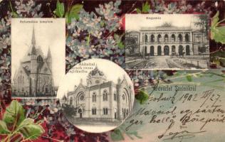 Szolnok, Zsinagóga, Megyeháza, Református templom, floral Art Nouveau litho, Fuchs Lipót és Fiai kiadása (EK)
