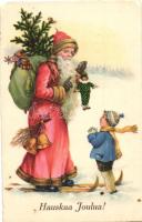 Hauskaa Joulua! / Finnish Christmas greeting card, Saint Nicholas skiing, child, litho (EK)