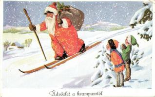 Üdvözlet a krampusztól / Hungarian Christmas greeting card, children, Saint Nicholas skiing (fa)