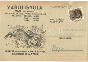 Varju Gyula vad és baromfi kereskedő reklám képeslapja, felvásárlási árjegyzékkel / advertising postcard of a Hungarian wild game meat salesman (EK)