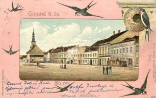 Gmünd, square, Verlag E. Berger, swallow, Kunstanstalt Rosenblatt, Emb. litho (EK)