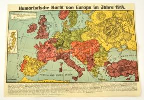 1914 Európa humoros térképe, propaganda térkép, Drezda, Leutert&Schneidewind, német nyelven, 48x27 cm./ 1914 Homouros map of Europa, propaganda map, Dresden, Leutert&Schneidewind, in German language, 49x35 cm.