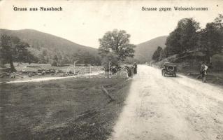 Nussbach, Strasse gegen Weissenbrunnen, Verlag Hans Hubbes / road, automobile, flock of sheep (EK)