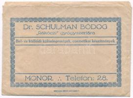 1926 Dr. Schullmann Bódog Rákóczi gyógyszertárának receptborítékja, benne receptekkel