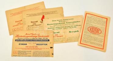 cca 1936-1950 Vegyes nyomtatvány tétel, Meinl Gyula Rt. étrend és recept, valamint KÖZÉRT recept nyomtatványok, 5 db, változó, többnyire szakadozott állapotban.