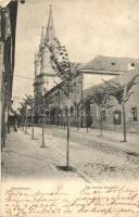 Komárom, Komárnó; Szent András templom / street view with church (ázott sarok / wet corner)