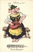 Boldog Újévet! / New Year greeting card, pig woman with music instrument, B.K.W.I 3044-1. s: Hatz (EK)