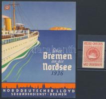 1936 Norddeutscher Lloyd hajótársaság reklámlapja, 12x16 cm + levélzáró / Norddeutscher Lloyd shipping company advertisement card 12x16 cm + label