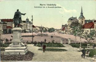 Marosvásárhely, Targu Mures; Széchenyi tér, Kossuth park, szobor. Porjes S. Sándor kiadása / square, park, monument