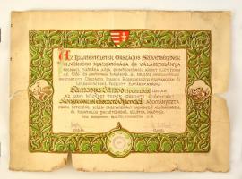 1936 Cipészmesteri oklevél, Ipartestületek Országos Szövetsége, szakadozott, megviselt állapotban.