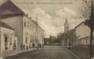 Komárom, Komarno; Gróf Klebersberg Kuno római katolikus elemi leányiskola, utcakép, üzlet / street view with girl school, shop (EK)