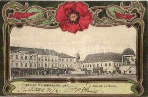 Marosvásárhely, Targu Mures; Fő tér, Widder Antal, Dudutz István és Ferencz, Babos Egyed és Bartsch Károly üzlete. Holbach Ede kiadása / main square with shops, floral, Art Nouveau litho (Rb)