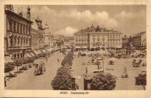 Arad, Szabadság tér, piac, emeletes busz / market square, double decker autobus