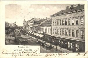 Arad, Andrássy tér, Schaffer Henrik és Róth testvérek üzlete, városi vasút / square, urban railway, shops