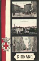 Vodnjan, Dignano; Piazza maggiore, Veduta generale, Calle Nuova / general view, main square, street, flag, coat of arms (EK)