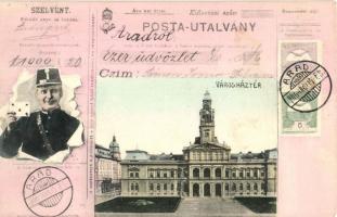 Arad, Városház tér, postautalványos díszes képeslap postással, Bloch H. kiadása / town hall square, postal order layout with postman