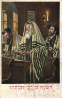 Jewish art postcard, Judaica, praying rabbis, Hebrew text, L&P 6697/III. s: F. Kaskeline